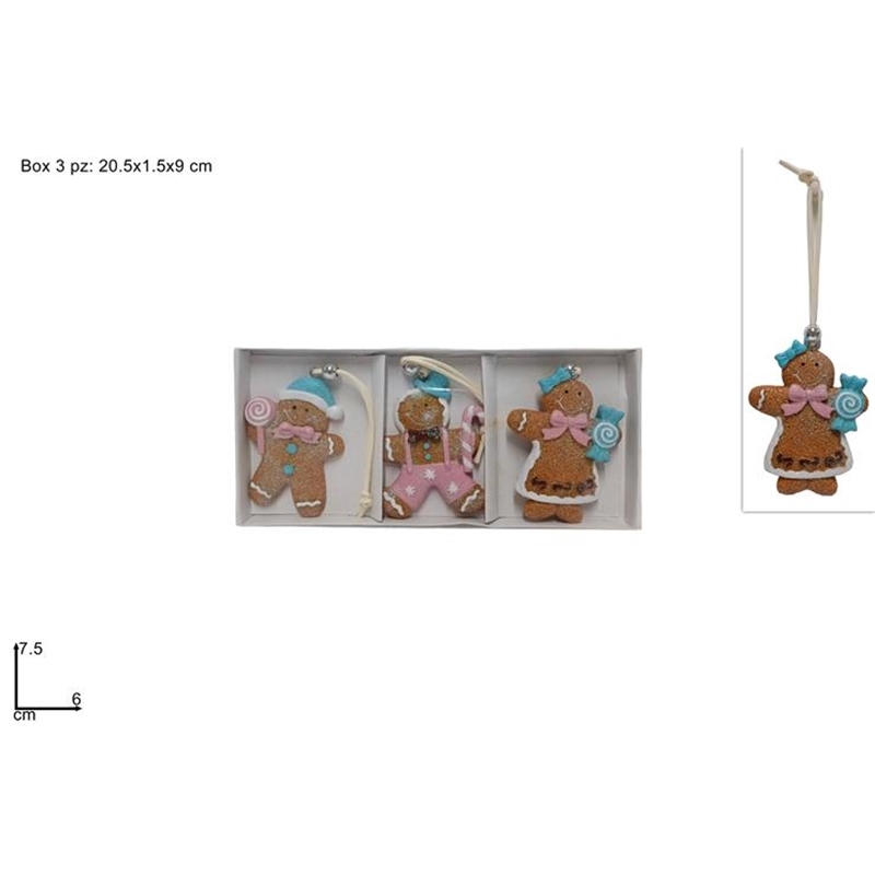 Appendino Omino Biscotto In Resina Glitterato Set Da 3 Pezzi