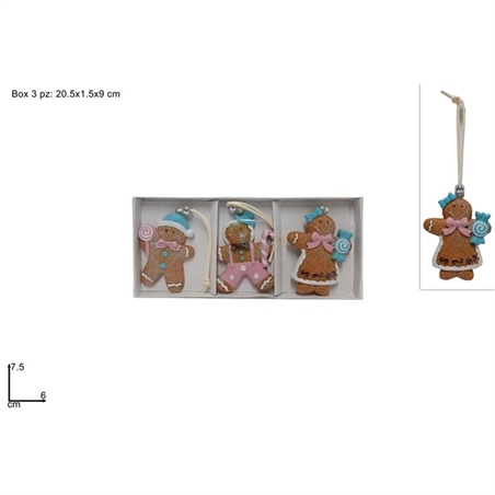 Appendino Omino Biscotto In Resina Glitterato Set Da 3 Pezzi