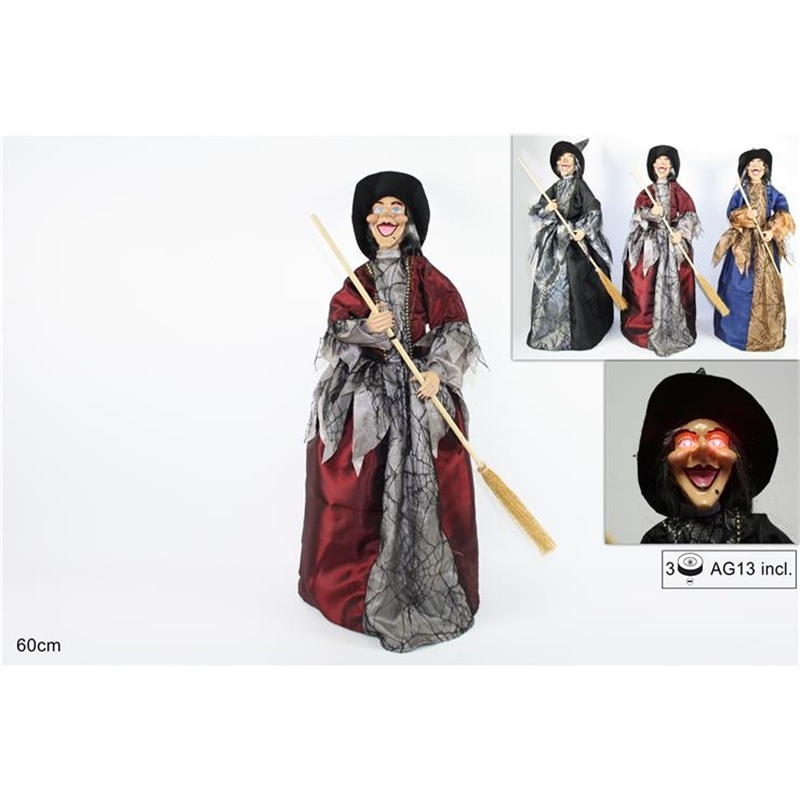 Befana 60 Cm In Tessuto Con Ragnatela E Raso Luci E Suoni
