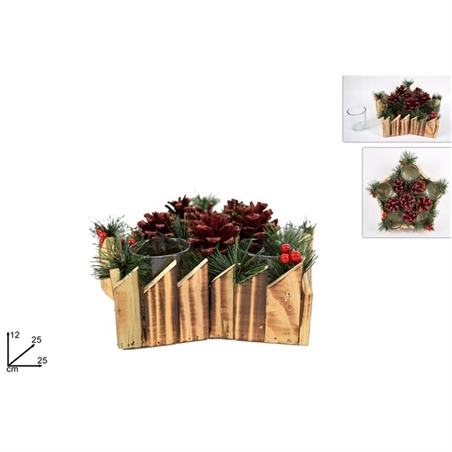 Portacandele Stella In Legno Con Pigne E Bacche