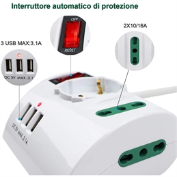 Multipresa Da Tavolo 2 Prese 10/16A+Schuko +3 USB Max 3.1A