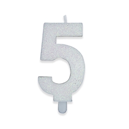 Candelina Numero 5 Bianco Glitter 9 cm