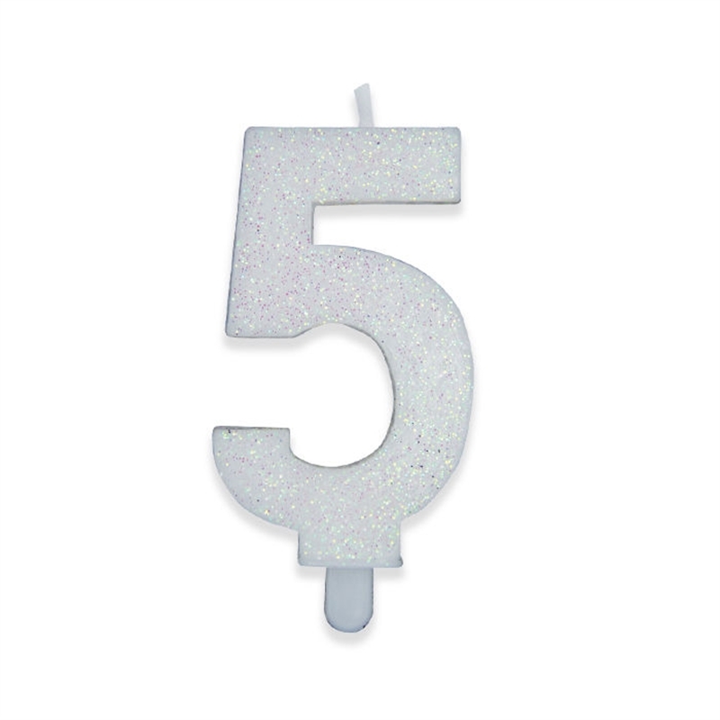 Candelina Numero 5 Bianco Glitter 9 cm