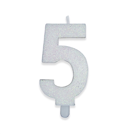 Candelina Numero 5 Bianco Glitter 9 cm