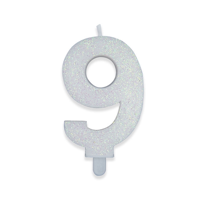 Candelina Numero 9 Bianco Glitter 9 cm