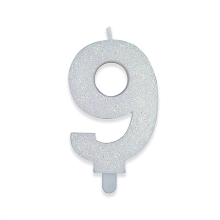 Candelina Numero 9 Bianco Glitter 9 cm