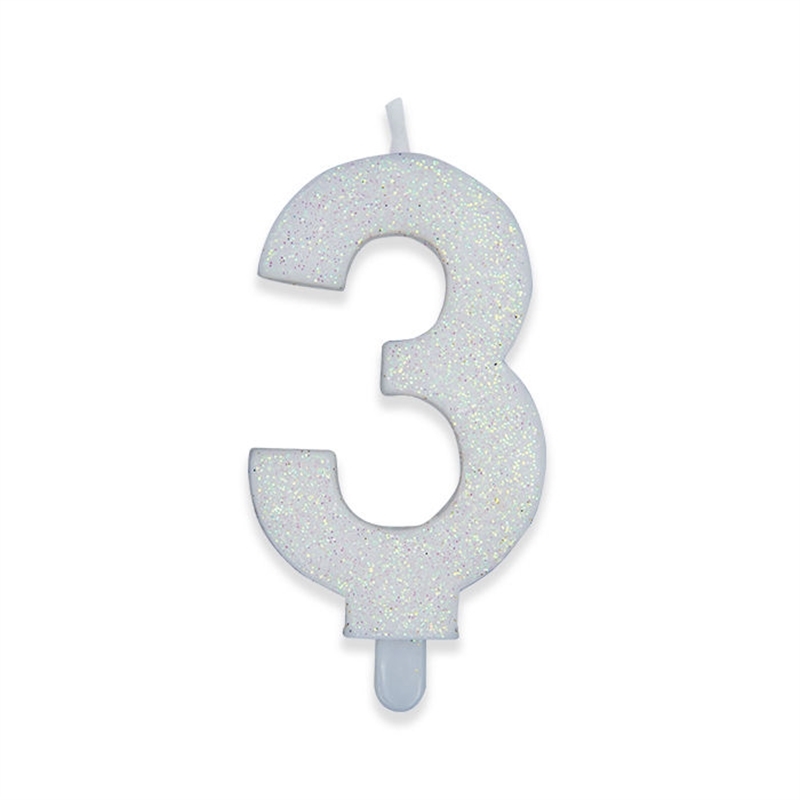 Candelina Numero 3 Bianco Glitter 9 cm