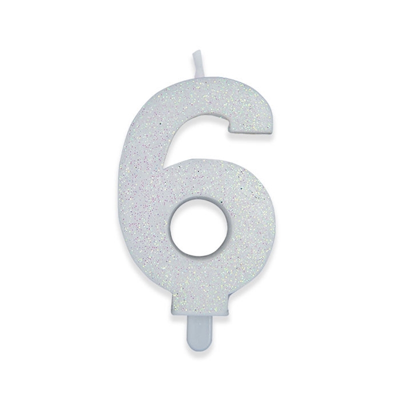 Candelina Numero 6 Bianco Glitter 9 cm