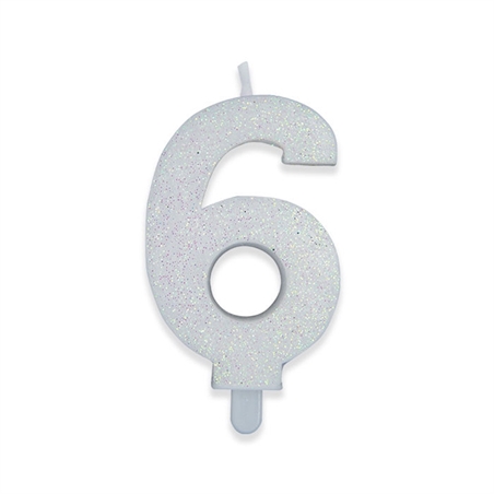 Candelina Numero 6 Bianco Glitter 9 cm