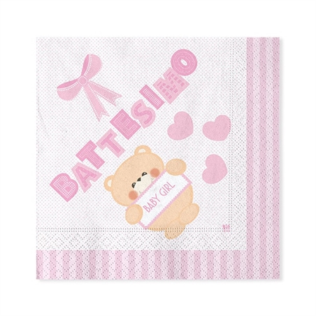 Tovaglioli 33x33 cm Battesimo Teddy Rosa 20 pezzi