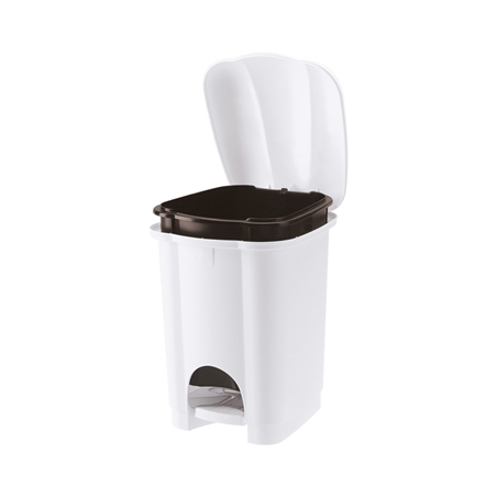 Pattumiera a pedale piccola con coperchio e secchio interno estraibile.