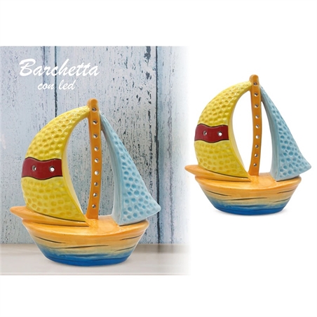 Statua decorativa barca con led in ceramica stile marinaro multicolor 19x8,7x20 cm