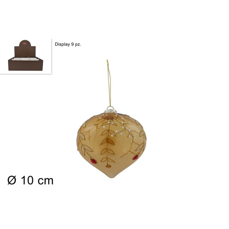 Palla In Vetro A Goccia Oro 10 Cm Con Foglie E Diamante