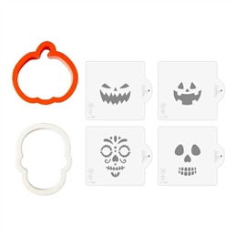 Set 2 Cutters Tagliapasta In Plastica Halloween Zucca E Teschio Con 4 Stencil