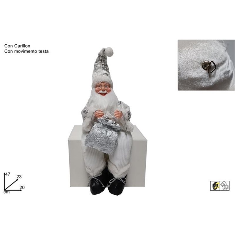 Babbo Natale Seduto Con Pailettes Silver E Carillon 7 Cm 