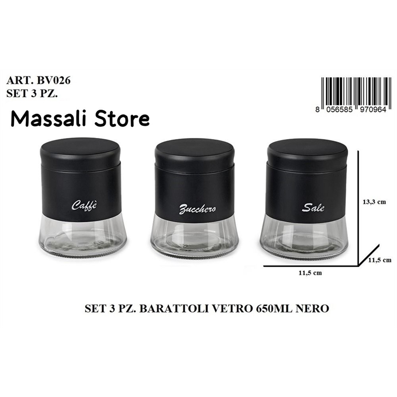 Tris Barattoli 650 Ml Vetro/Nero