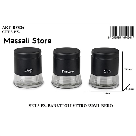 Tris Barattoli 650 Ml Vetro/Nero