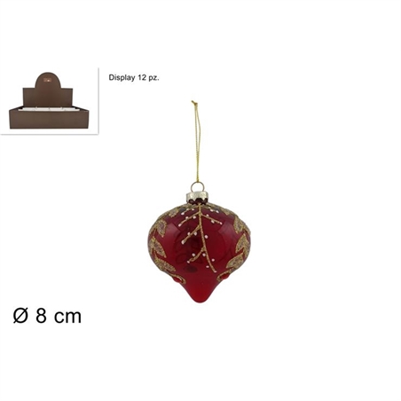 Palla A Goccia In Vetro 8 Cm Rossa Con Foglie E Diamanti