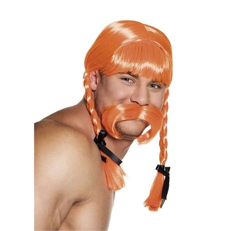Parrucca Uomo - Obelix - Arancione con Baffi e nastrini