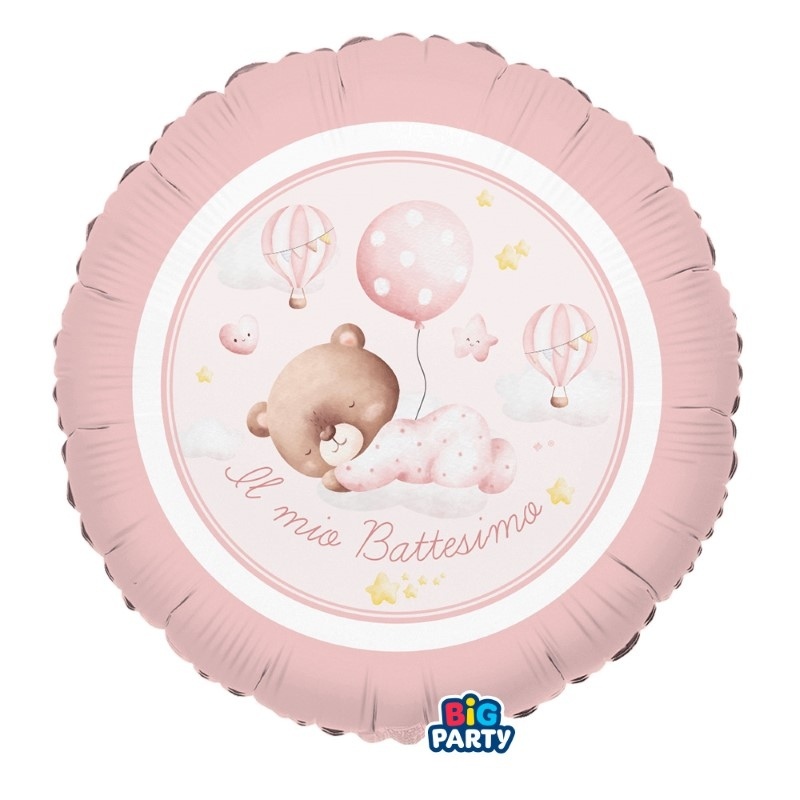 Palloncino Foil Tondo 18" Battesimo Baby Bear Rosa