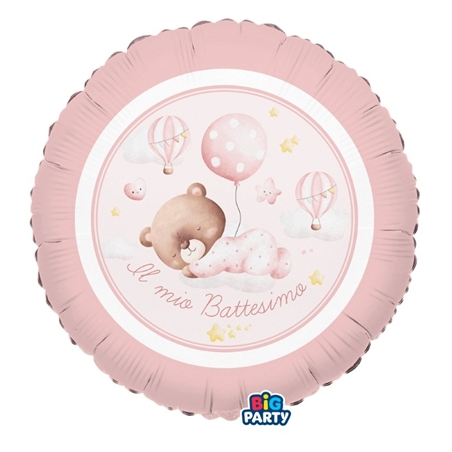 Palloncino Foil Tondo 18" Battesimo Baby Bear Rosa