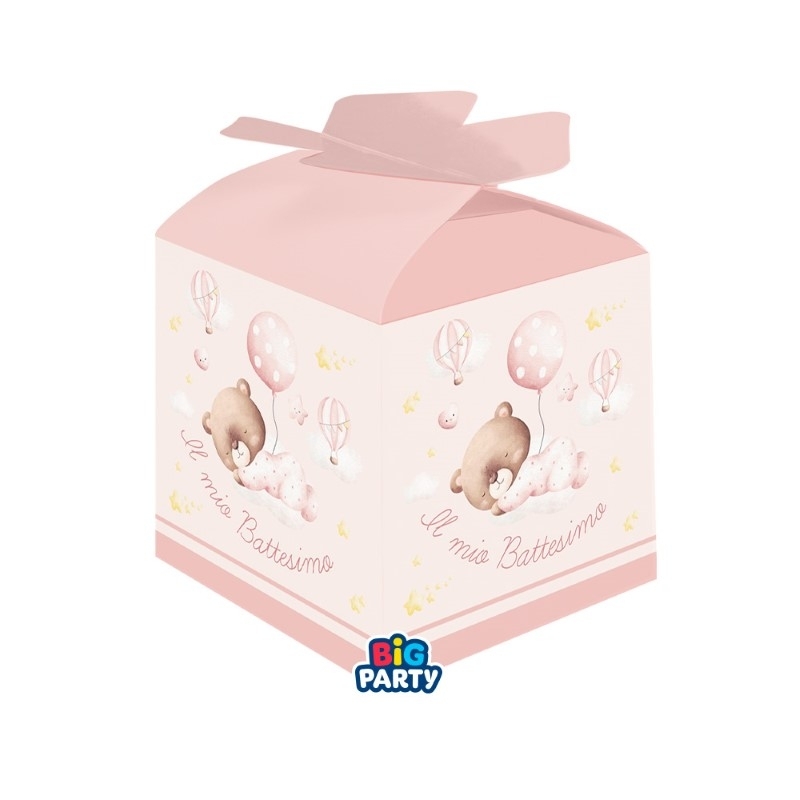 10 Scatoline Portaconfetti Cubetto con Fiocco in carta 5 x 7 x 5 cm Battesimo Baby Bear Rosa