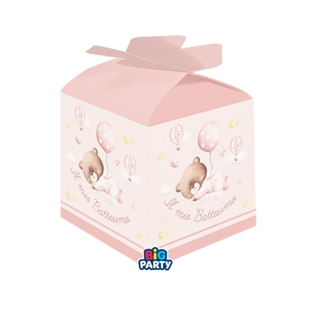 10 Scatoline Portaconfetti Cubetto con Fiocco in carta 5 x 7 x 5 cm Battesimo Baby Bear Rosa