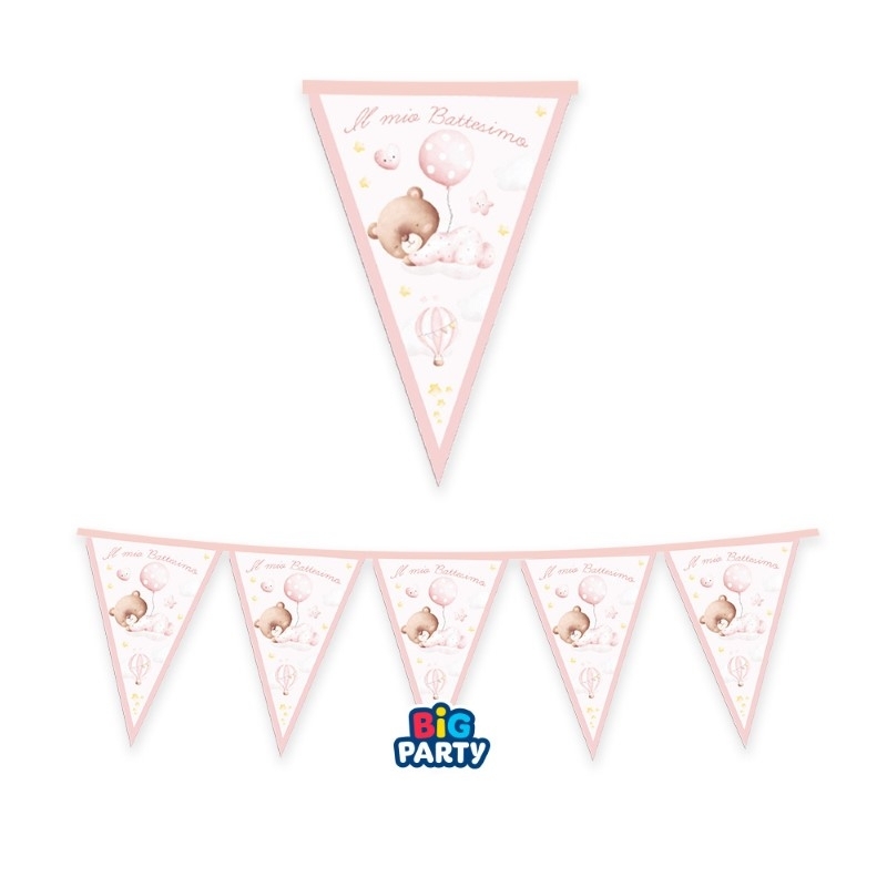 Festone Bandierine in cartoncino 300 x 30 Battesimo Baby Bear Rosa