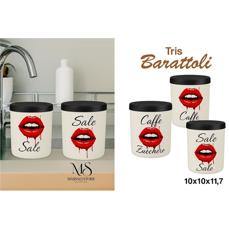 Tris Barattoli In Ceramica Labbra Rossa