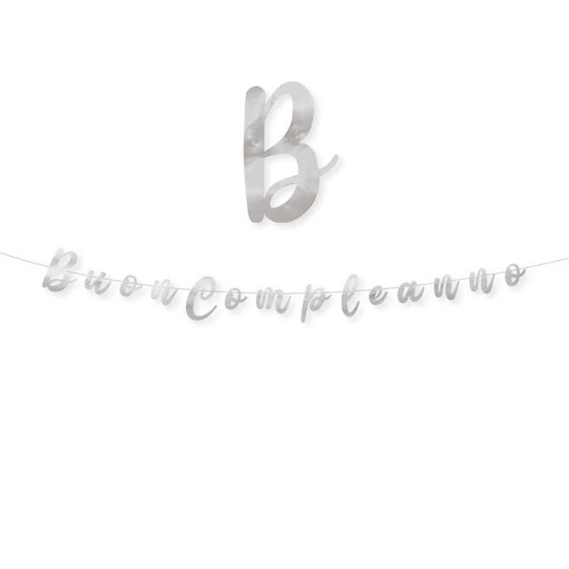 Festone Scritta Italic 300 x 15 cm Buon Compleanno Argento Metal