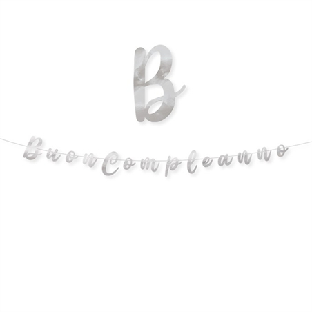 Festone Scritta Italic 300 x 15 cm Buon Compleanno Argento Metal