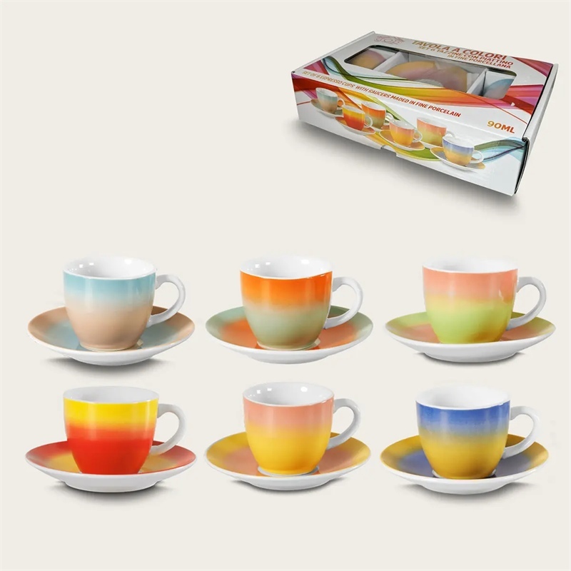 Set 6 Tazze Da Caffè Tavola A Colori Con Piattino In Porcellana
