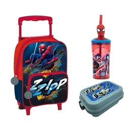 Zaino Trolley Asilo Spiderman + bicchiere con cannuccia e porta merenda