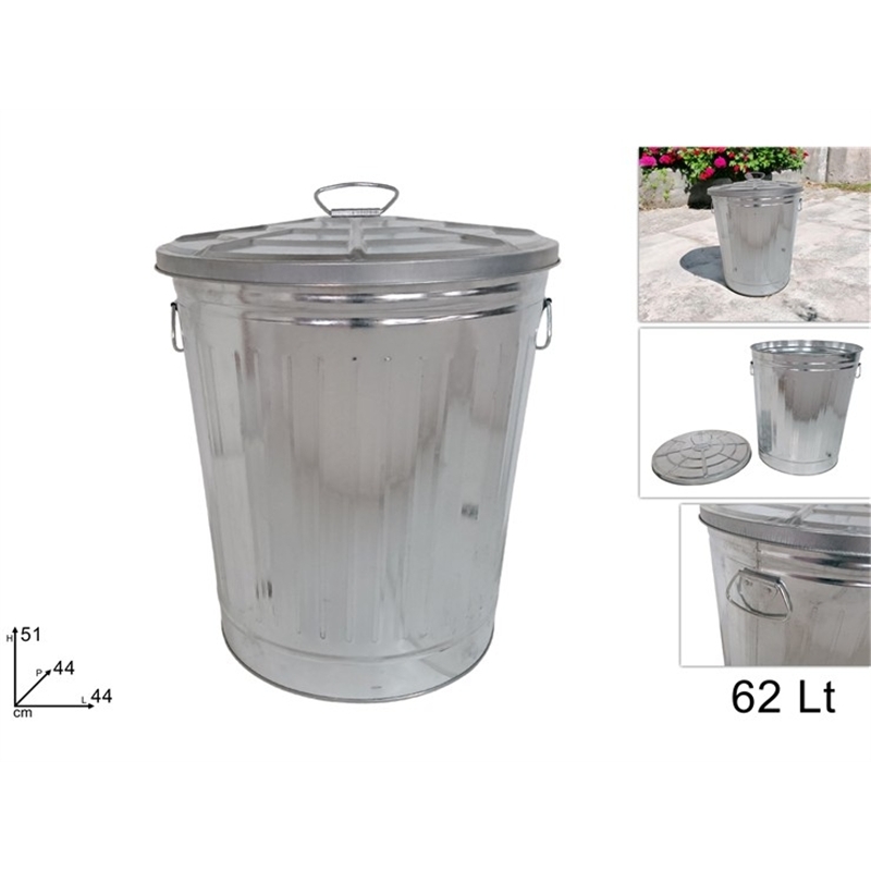 Bidone In Metallo Zincato Con Coperchio 62 Litri