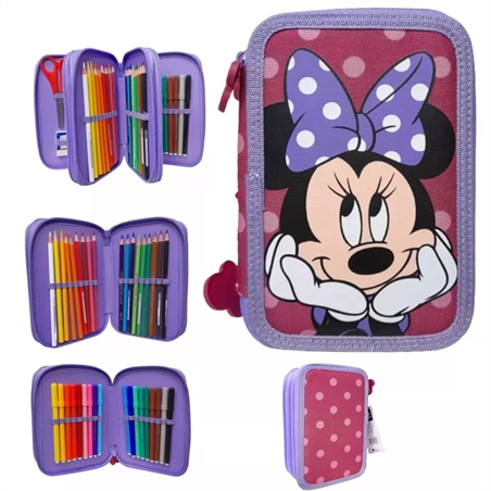 Astuccio 3 zip scuola minnie scuola completo con colori bambina rosa e lilla