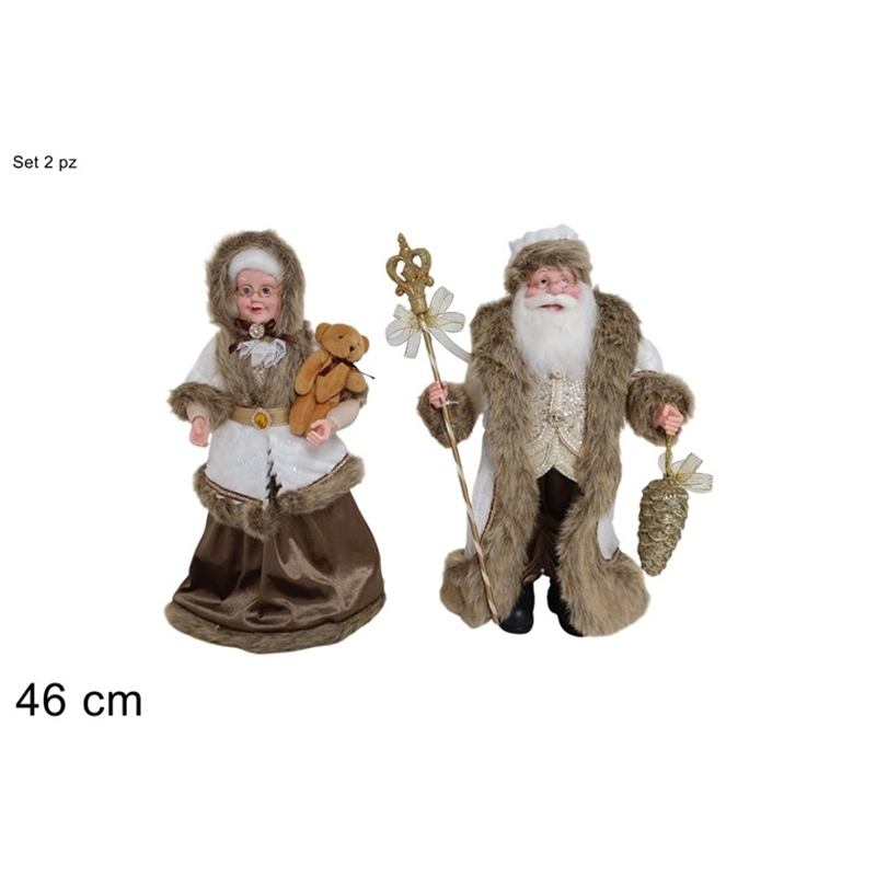 Set 2 Pezzi Babbo Natale Con Nonna 46 Cm Abito Marrone E Bianco