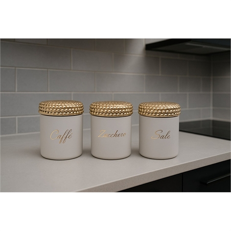 Tris Barattoli Bianco Con Tappo Oro