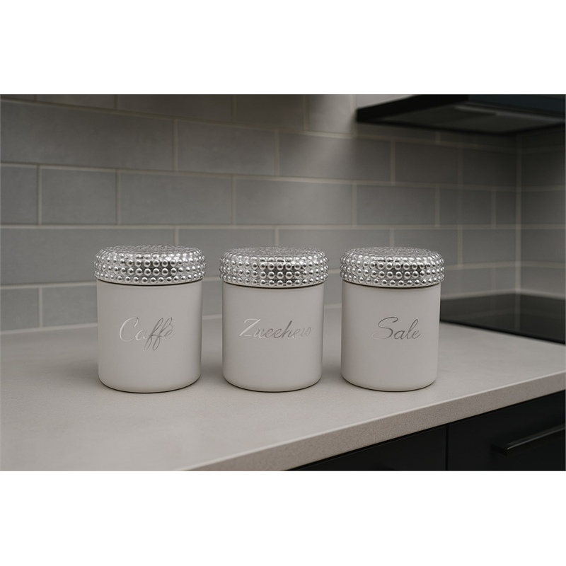 Tris Barattoli Bianco Con Tappo Pallinato Argento