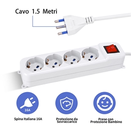  Multipresa Ciabatta elettrica a 4 Posti, 250v/2500W . Cavo 1,5m. Color Bianco