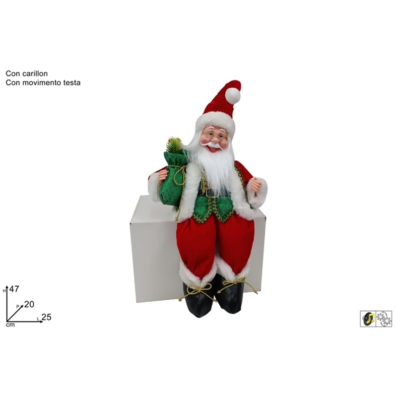 Babbo Natale Seduto 47 Cm Seduto Con Carillon In Movimento Rosso E Verde