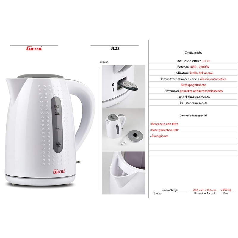 Bollitore Girmi Cordless 1.7 Lt 2200 W - Base con rotazione 360° - Bianco