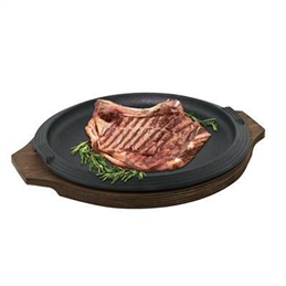 Piatto a servire tondo in ghisa con vassoio in legno Ø cm 26