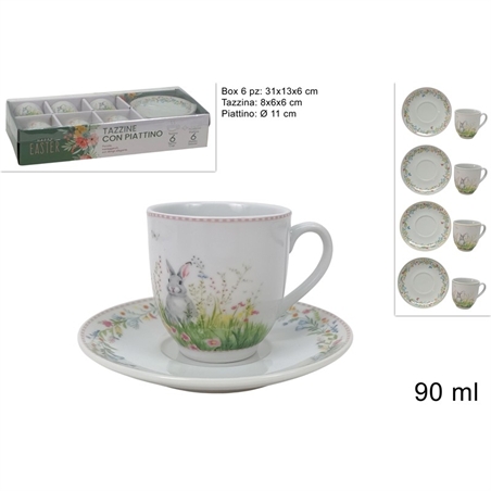 Tazzine 90ml + Piattini Porcellana Set 6 Pz Decoro Pasquale 