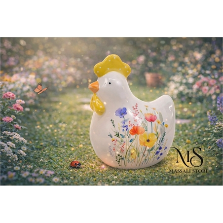 Gallina 15 Cm In Ceramica Decorata Con Fiori