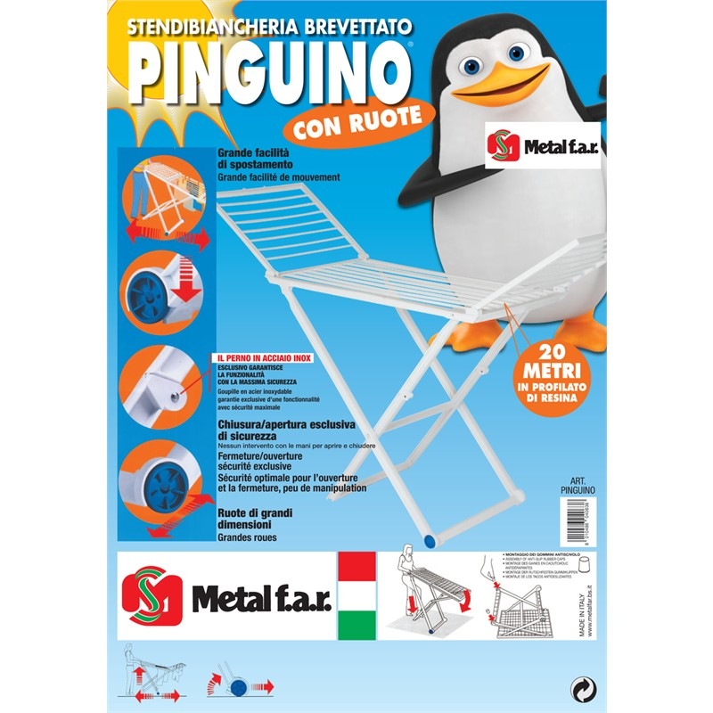 Stendibiancheria Stendino in Resina Pinguino con Ruote 20 Metri