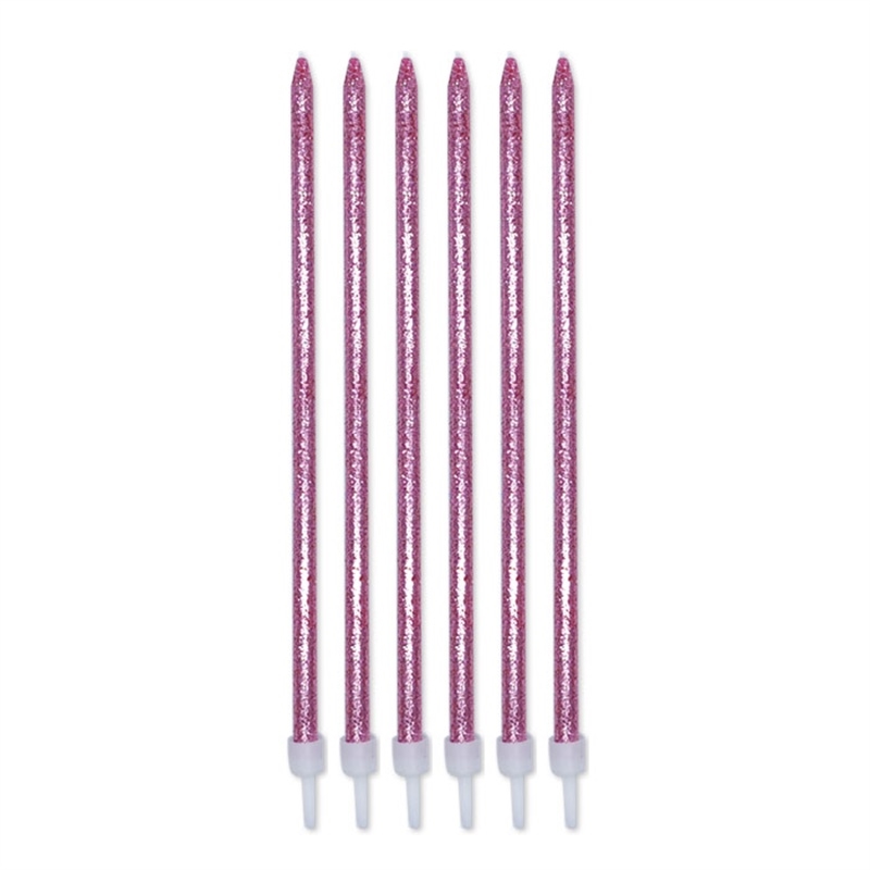 12 Candeline Matite Glitter Lux Rosa cm. 15 + supporto