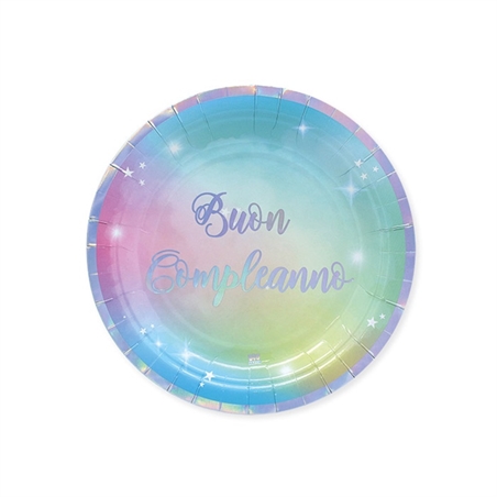 Piatti 18 cm Buon Compleanno Soft Rainbow 8 pezzi