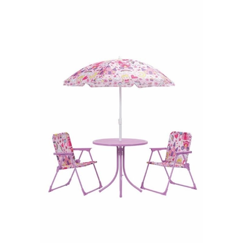 SET TAVOLINO CON OMBRELLO E 2 SEDIE BIMBO IN METALLO E RIVESTIMENTO POLIESTERE PRINCIPESSE