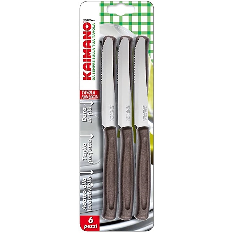 Kaimano Dinamik 6 PZ Coltelli da Tavola Mezza Serrazione, Acciaio Inossidabile, Marrone.