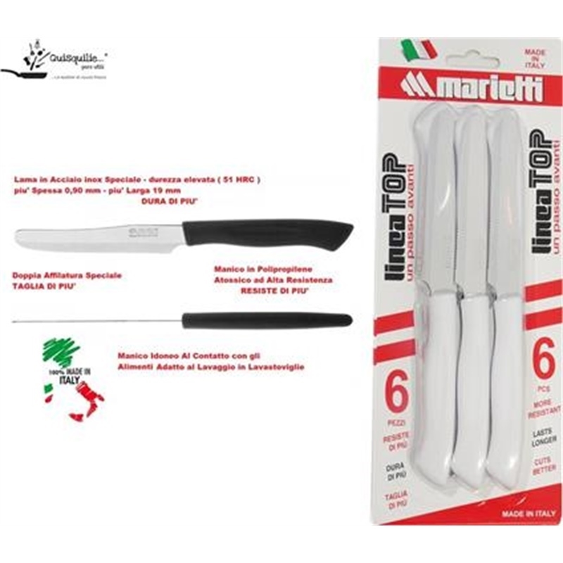 Set 6 Coltelli Tavola Top Con Seghetto 11 Cm Nylon Acciaio Inox Bianco Marietti Marob